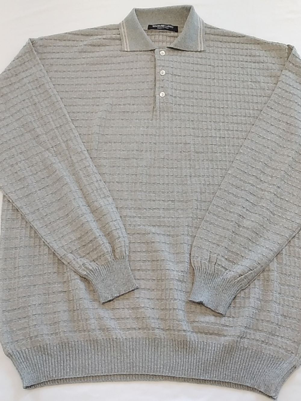 Made In Italy Men's Long-Sleeve Knit Polo Sweater-Light Gray-Waffle Texture-XL